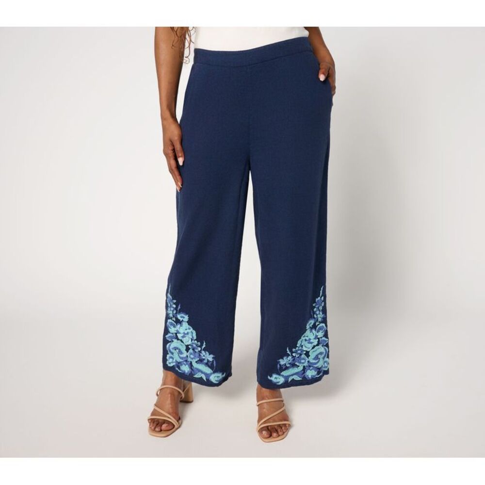 Studio Park Women's Petite Pants PXL x Terri Conn Linen Blend Crop Blue
